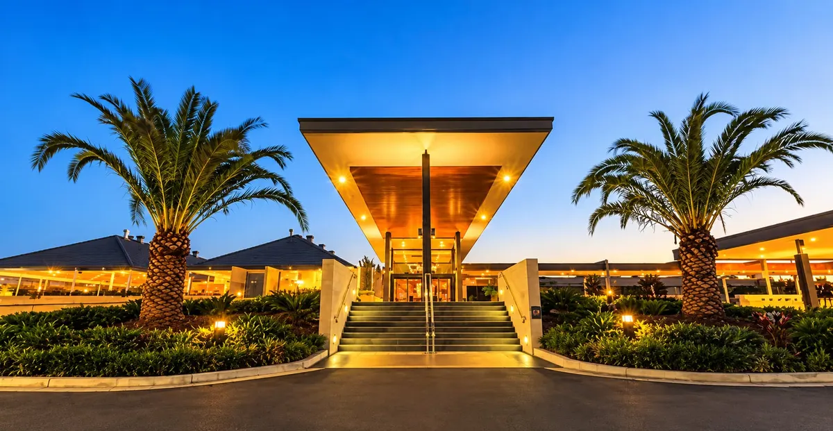 Doyalson RSL entrance at dusk, framed by palm trees